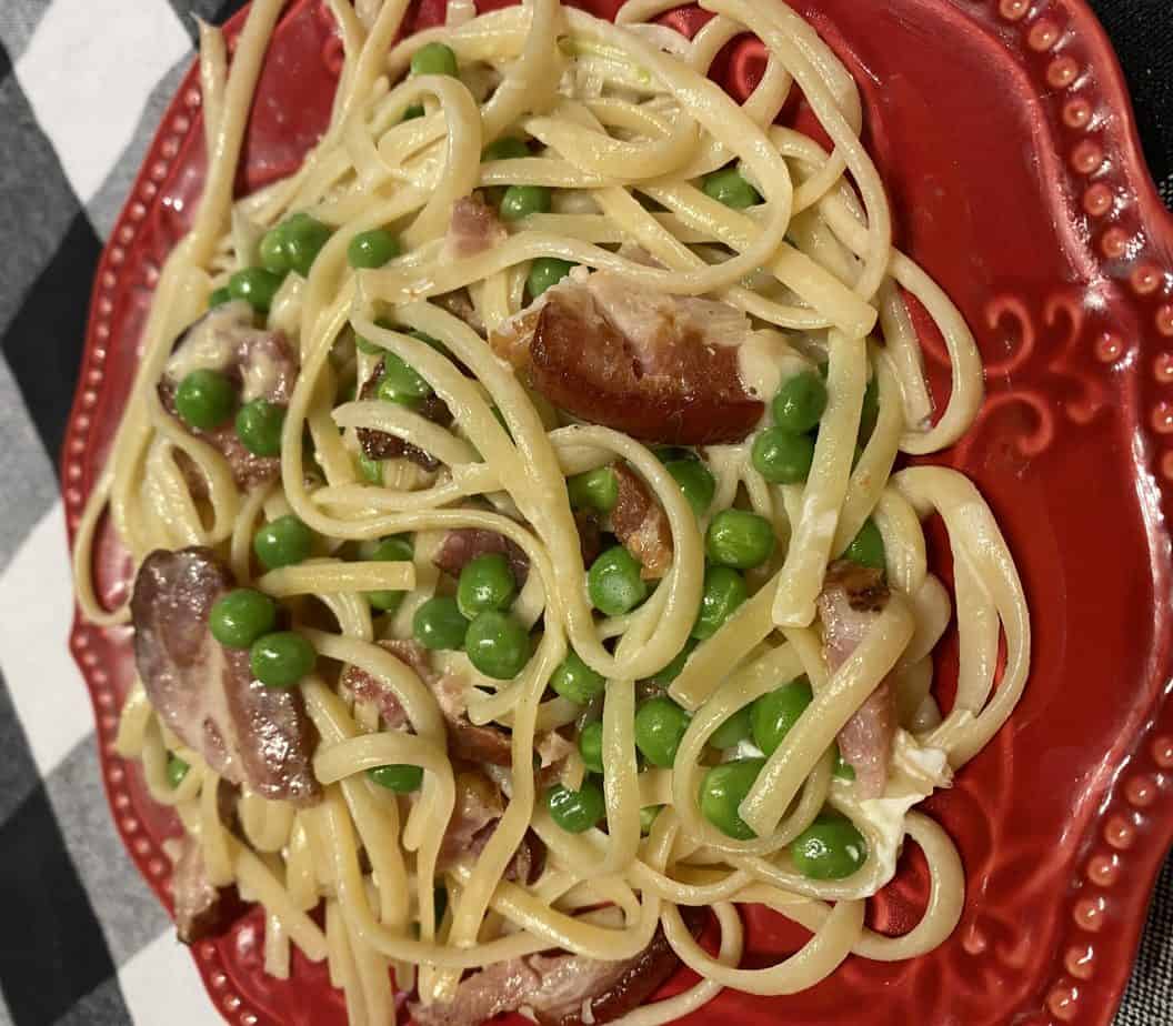 every plate Linguine Carbonara with Peas and Bacon