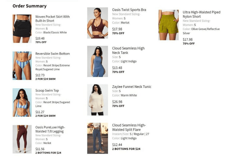 fabletics order summary