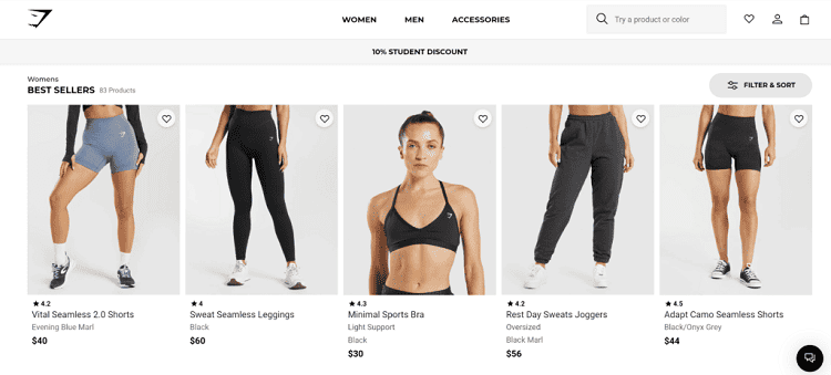 gymshark website tops leggings and shorts