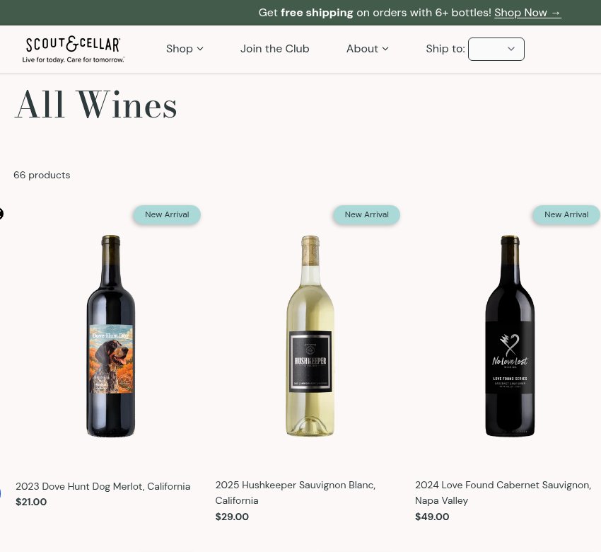 Scout & Cellar All Wines page with Clean-Crafted red and white wines